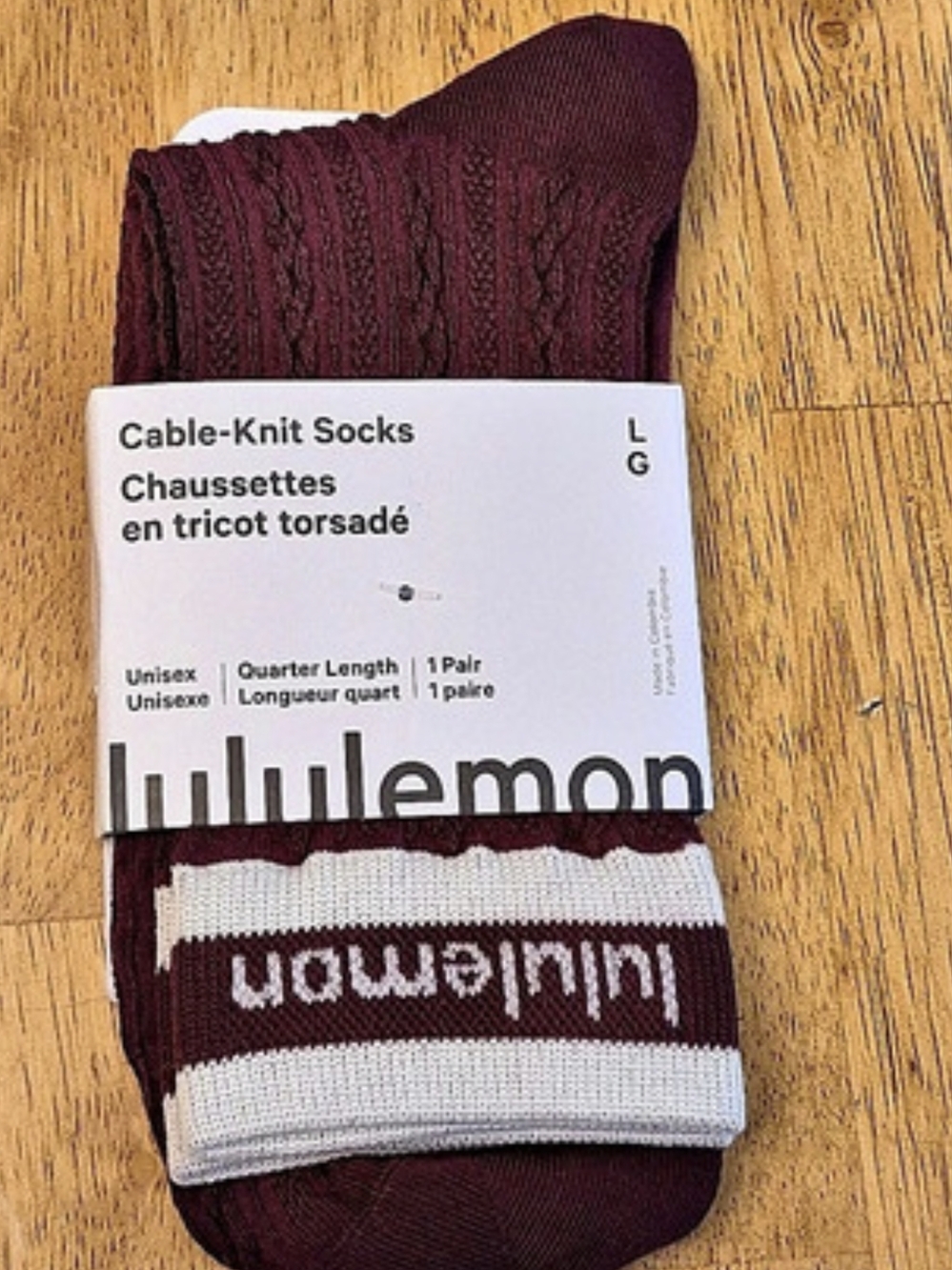 Lululemon Cable-Knit Quarter Length Socks Burgundy Bay Medium Or Large 1 Pair